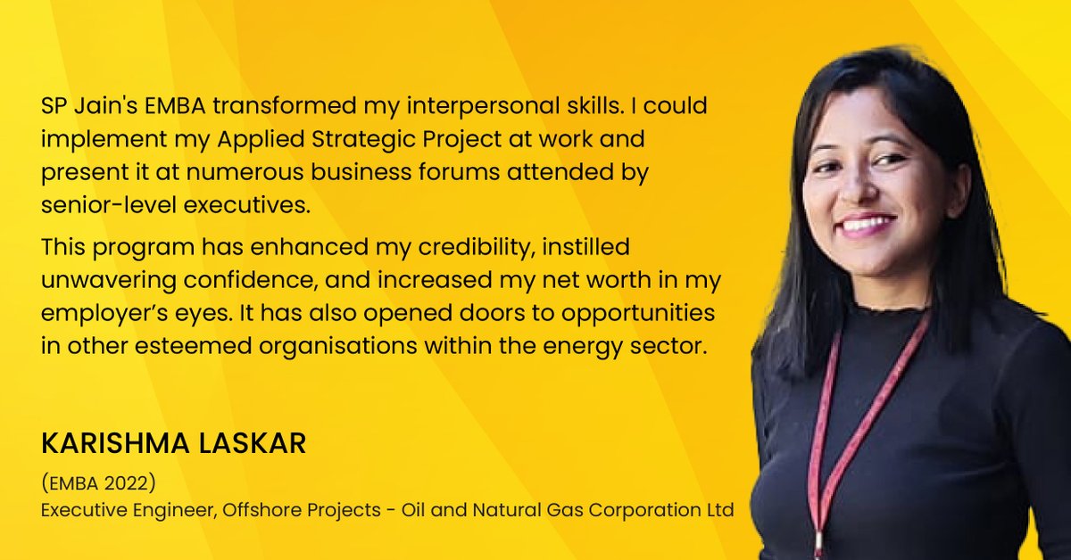 Discover how Karishma Laskar's transformative EMBA journey helped unlock her potential as a Project Engineer and propelled her toward senior executive positions in the energy sector : bit.ly/41pukqr

#spjainglobal #executivemba #leadershipskills #spj2023