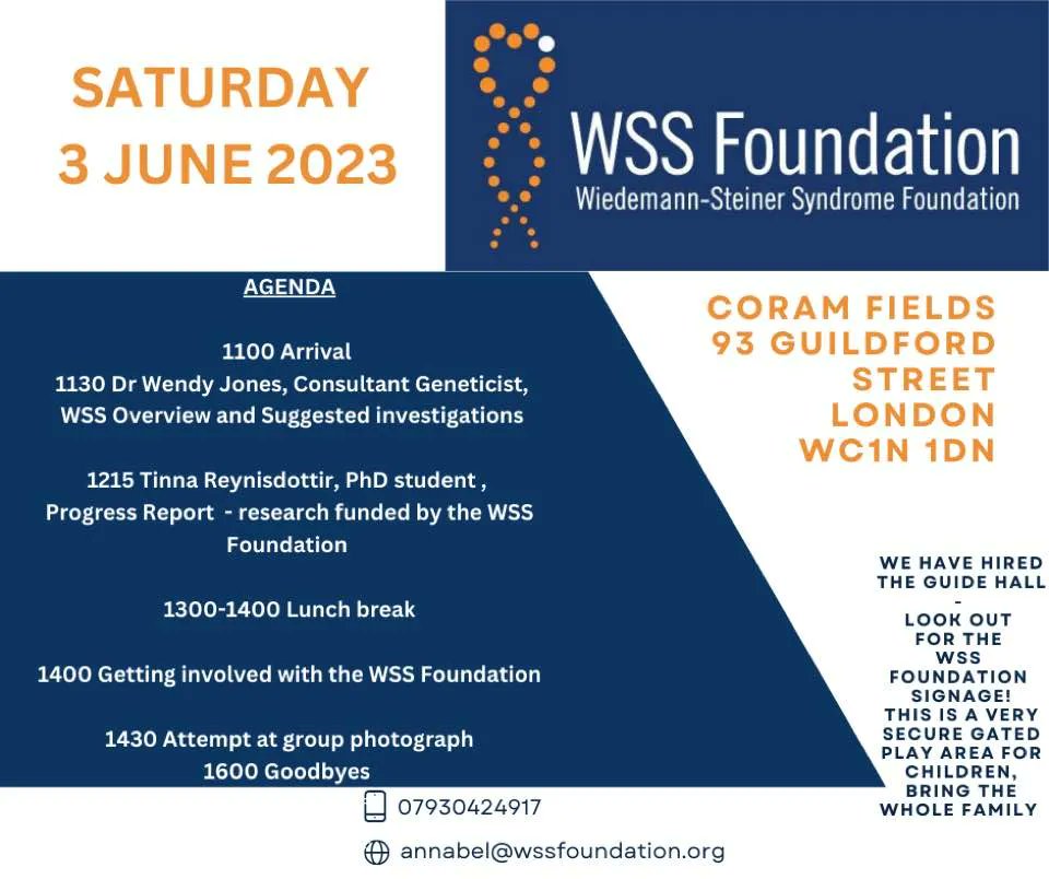 WSSFoundation's tweet photo. Calling all families in the UK (&amp; beyond) for our June 3 meetup in London.  Learn from experts about #WSS research, and enjoy plenty of time for family connections!

Contact Annabel (contact info below) to register. #wiedemannsteinersyndrome #WSSwarriors https://t.co/6DDr7K9fmX