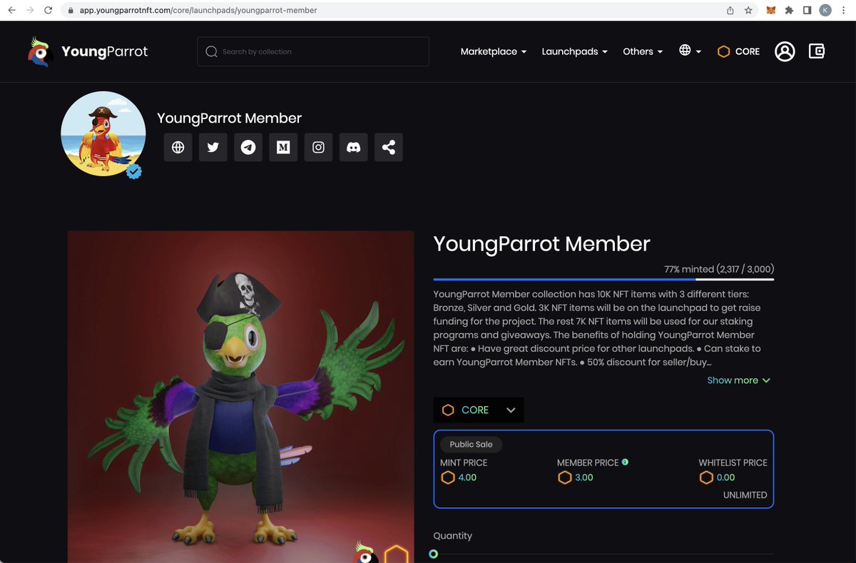 YoungParrot Member (YPM) NFT launchpad reaches to 77%. Only 83 NFTs more to reach to 80% and we will announce 5 lucky minters with 40 CORE rewards per lucky minter.

Let's mint at app.youngparrotnft.com/core/launchpad…

<a href="/Coredao_Org/">Core DAO 🔶</a> 

#CoreDAO #youngparrotnft