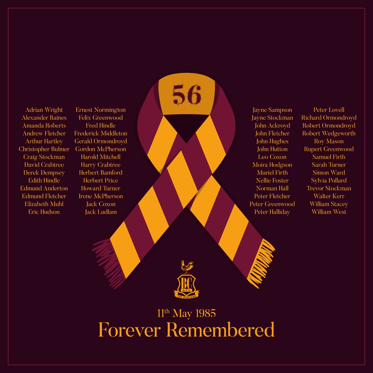 officialbantams's tweet image. Thirty-eight years on, we remember the 56 lives we tragically lost on 11th May 1985. With us forever. ❤️💛

#BCAFC