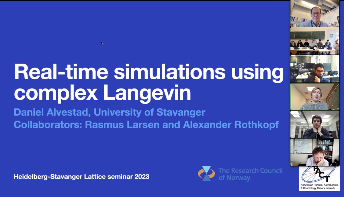 rothkopfAK's tweet photo. Excited to see so many colleagues attend the 2023 @UniStavanger - @UniHeidelberg #lattice seminar series today. Started with flash talks from group members: news on taming the #signproblem for fermions & real-time sims using complex Langevin & novel strategies. @forskningsradet https://t.co/Ge1HJsv2Zr