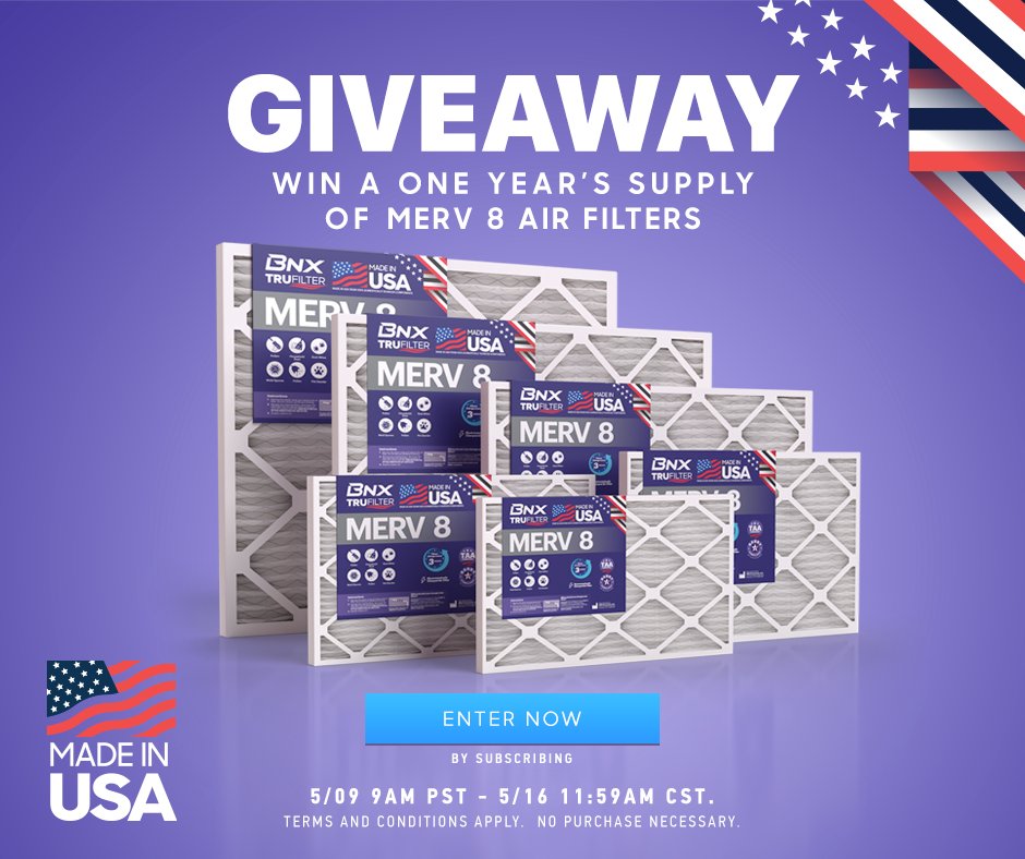 BNXTruFilter's tweet photo. Win a one-year supply of Amcerican-Made BNX TruFilter MERV 8 Air Filters! 

Enjoy a cleaner, healthier home with the high-quality, American-made MERV 8 Air Filter! Enter with the link in the bio or below: 

https://t.co/wTONLpKRZP https://t.co/gfFr5v59FB