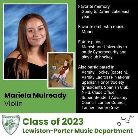 As we bring this school year to a close, we want to honor each of our graduating musicians.  Today we recognize Mariela Mulready, an outstanding violist.  Mariela, thank you for your leadership and dedication to our orchestra!