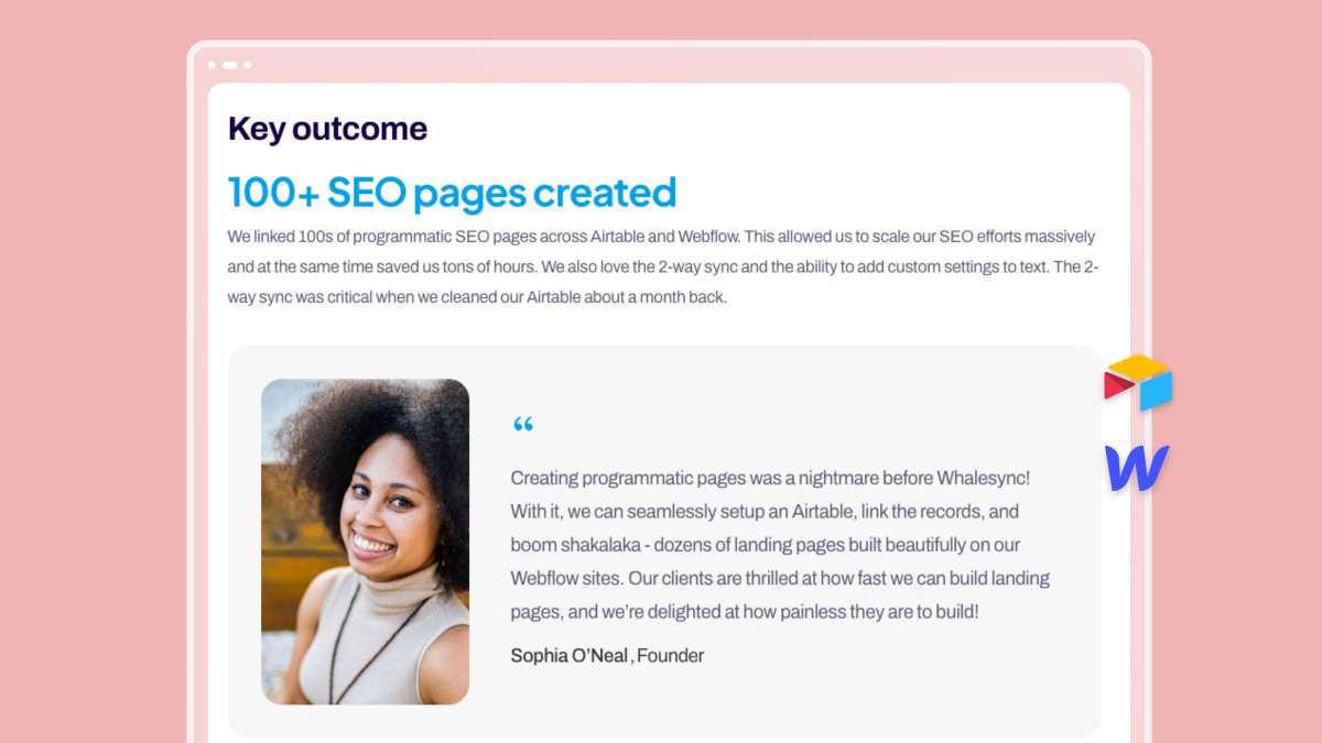 Today’s Whalesync Showcase of the day is <a href="/ignore_no_more/">Ignore No More</a>!

See how <a href="/HeyItsSophiaO/">Sophia ❤️🇺🇦 | ⚡️Building un-ignorable brands</a> easily created 100+ SEO pages for their clients.

In Sophia’s words: “We can seamlessly set up an Airtable and boom shakalaka - dozens of landing pages built beautifully.”