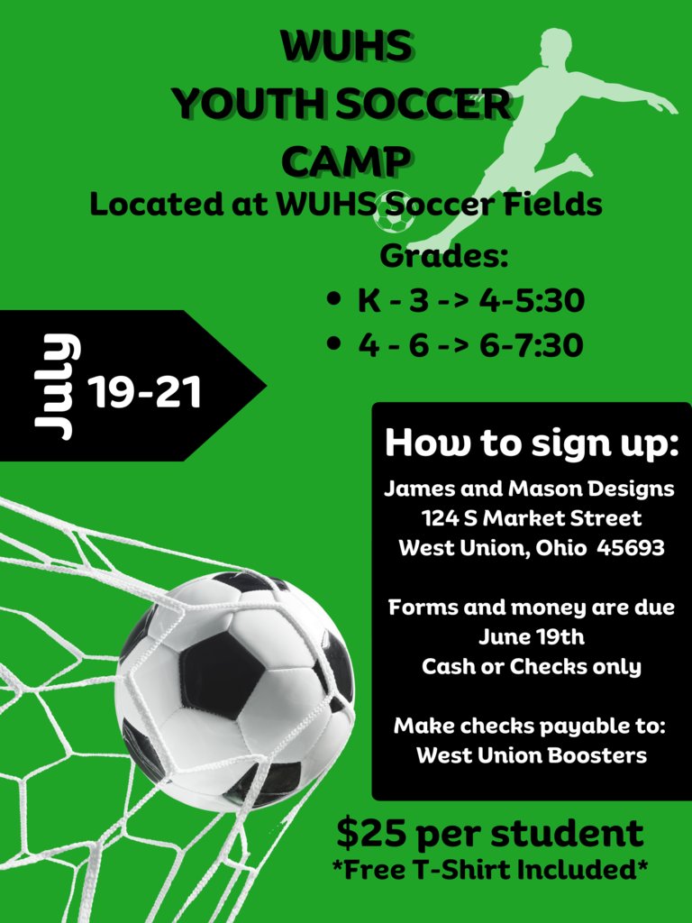 Come out and support our High School Girls Soccer team as they host their First Annual Youth Soccer Camp.  Cost is $25, includes a t-shirt and 3 days of training.
