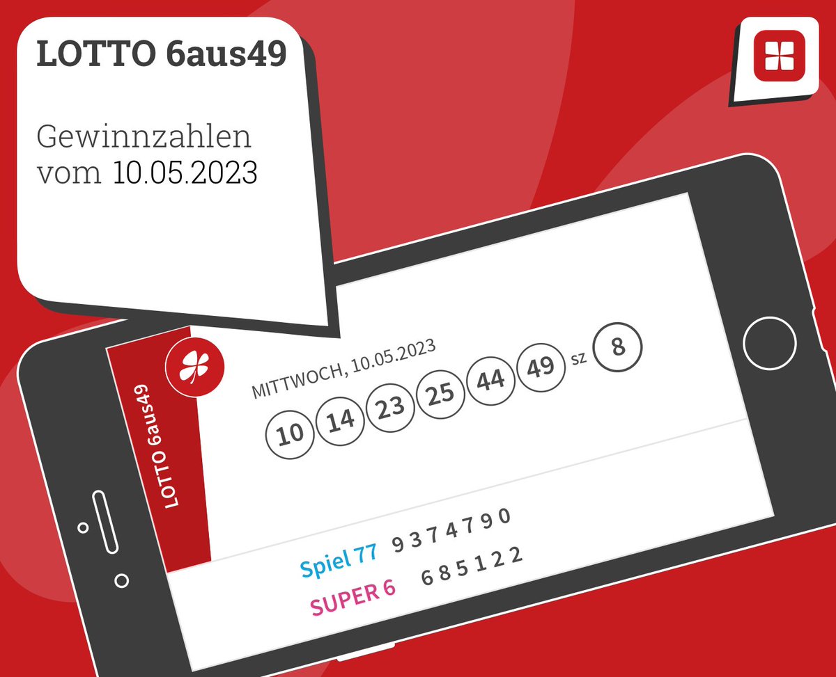 CleverLotto's tweet photo. Jetzt zählt's! Hier die neuen #LOTTO 6aus49-Zahlen: 10 - 14 - 23 - 25 - 44 - 49, Superzahl: 8, Spiel 77: 9374790, SUPER 6: 685122. Sind eure Glückszahlen diesmal dabei? https://t.co/daV9vWcfxf