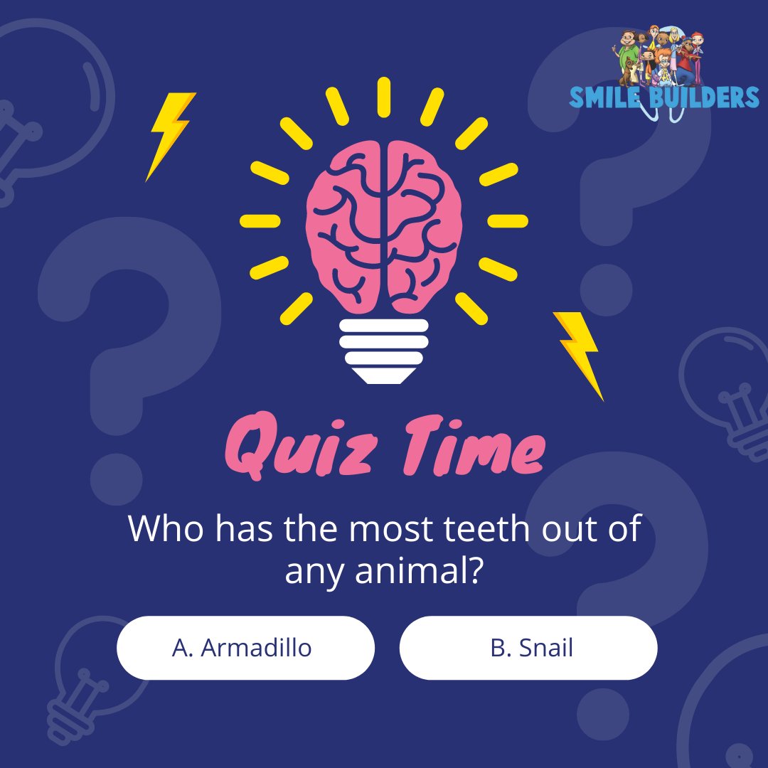 smilebuildersFL's tweet photo. QUIZ TIME❗
Who has the most teeth out of any animal❓

#SmileBuilders #PediatricDentistry #QuizTIme #Quiz #Teeth #PediatricDentistry #Dental #Animal #AnimalTeeth #CommentBelow #AnswerBelow #KidsDentist #Kids #Teens https://t.co/h4WYiykHch