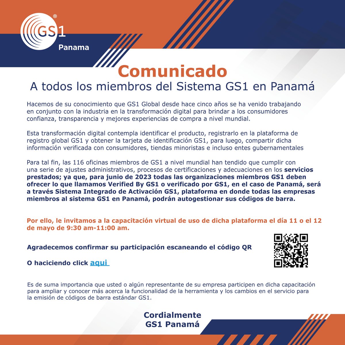Comunicado importante para todos las empresas afiliadas a GS1 Panamá

Inscríbete: 
Escaneando el Qr en la imagen.
Ingresando al siguiente link: docs.google.com/forms/d/1Yui__…

Mayor información llamar al 236-7907