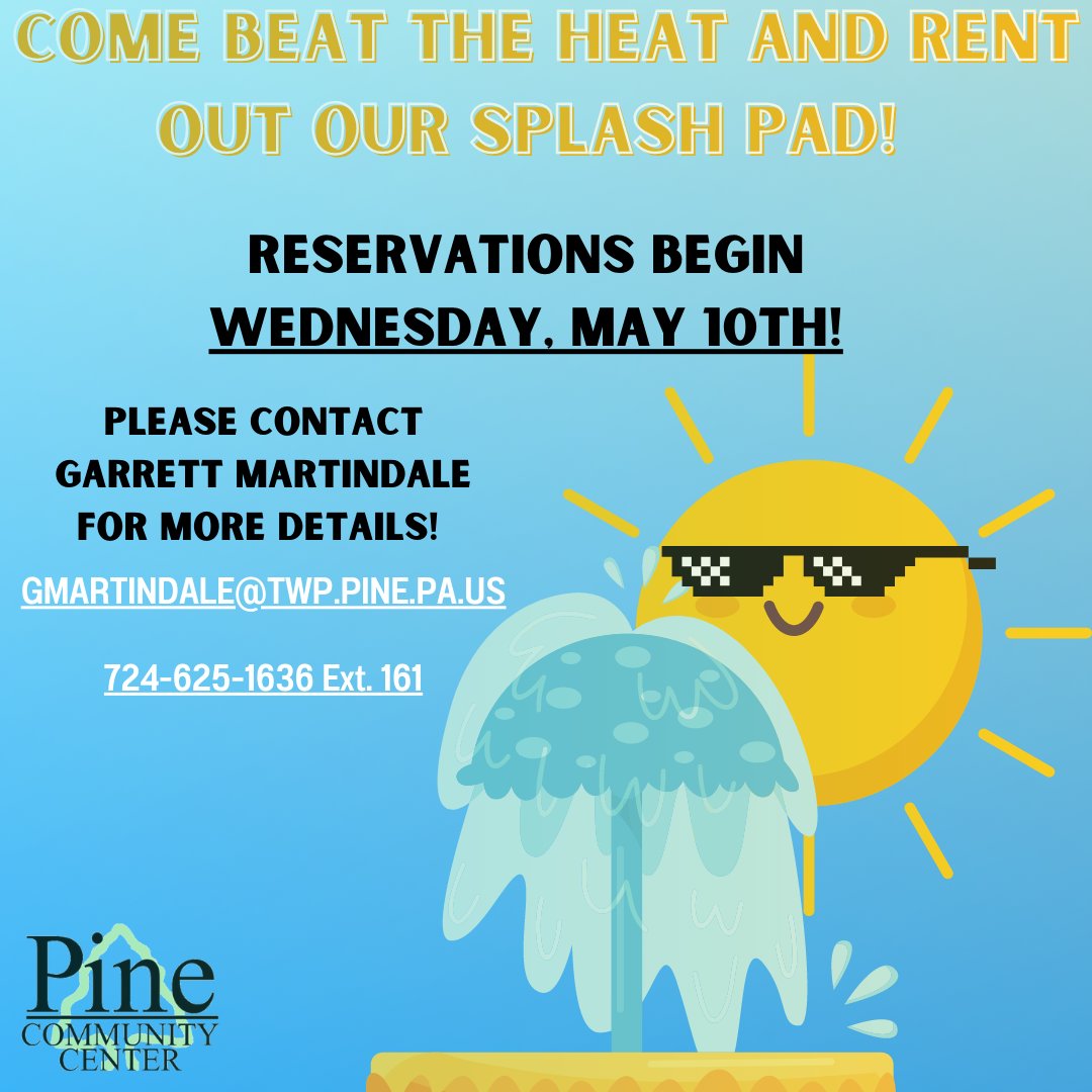 pinecommcenter's tweet image. Reserve your date today! #SplashPad #BeatTheHeat #Summer #PCC 
@TwpofPine