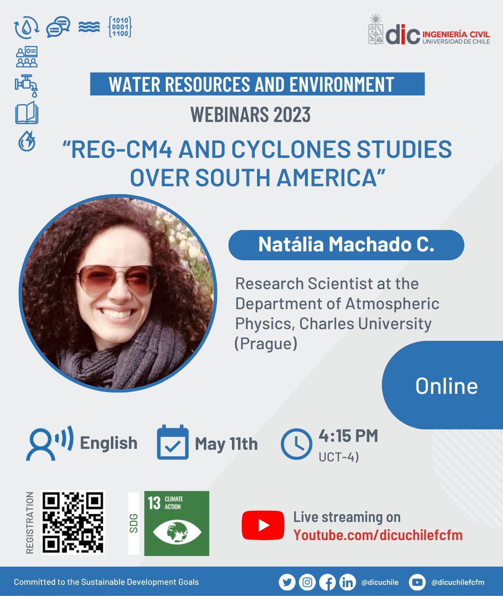 dicuchile's tweet photo. #RECURSOSHIDRICOS |Les invitamos al seminario "RegCM4 and cyclones studies over South America", a cargo de la investigadora Natália Machado, del Depto. de Física Atmosférica de @CharlesUniPRG
📌 11 mayo / 16:15 hrs
📲 https://t.co/SkStuQXIuT

#comunidadcivil #civilfcfm https://t.co/hOBaY3cpbo
