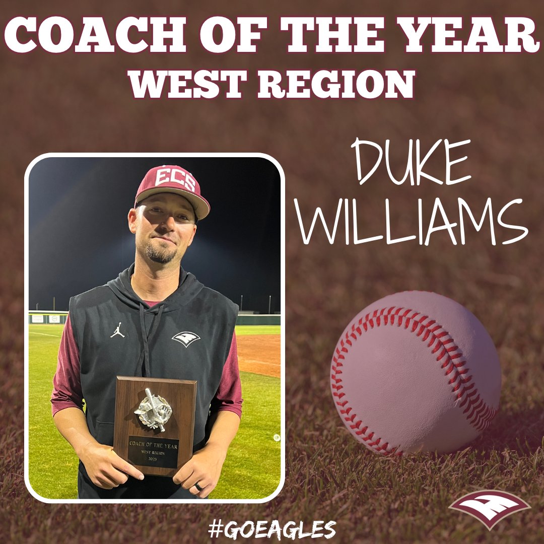 A big shoutout to Varsity Baseball Head Coach Duke Williams for being recognized as the West Region Coach of the Year! Your hard work and dedication are truly inspiring! We're proud to have such an amazing leader for our team! #GoEagles