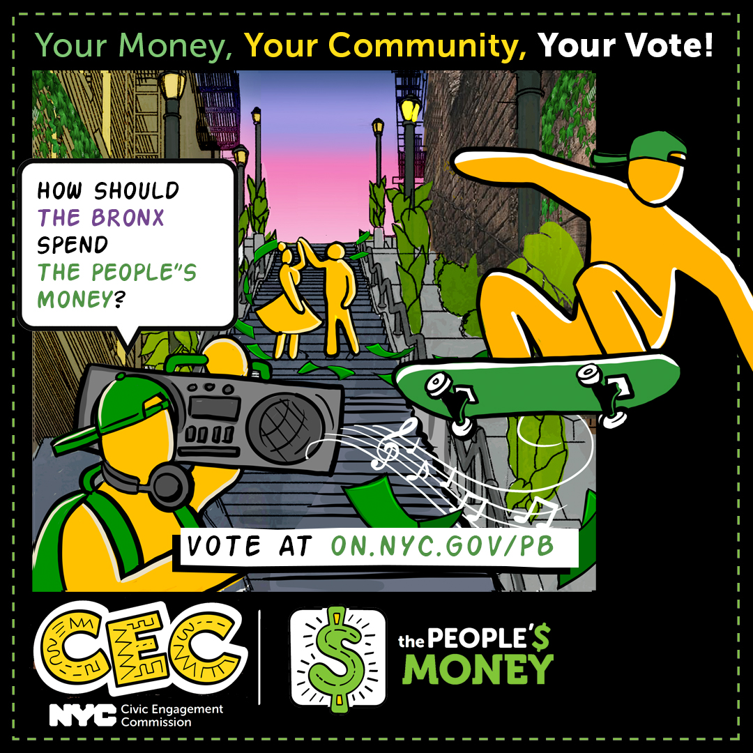 NYCCEC's tweet photo. 🗣️ BRONX, how would you spend #ThePeoplesMoney?

ALL New Yorkers 11 and older, regardless of immigration status, can decide which projects will be implemented.

Make history and VOTE in NYC’s first-ever citywide participatory budgeting process:
https://t.co/U8S9oPWGmf https://t.co/KUTreZC5DV
