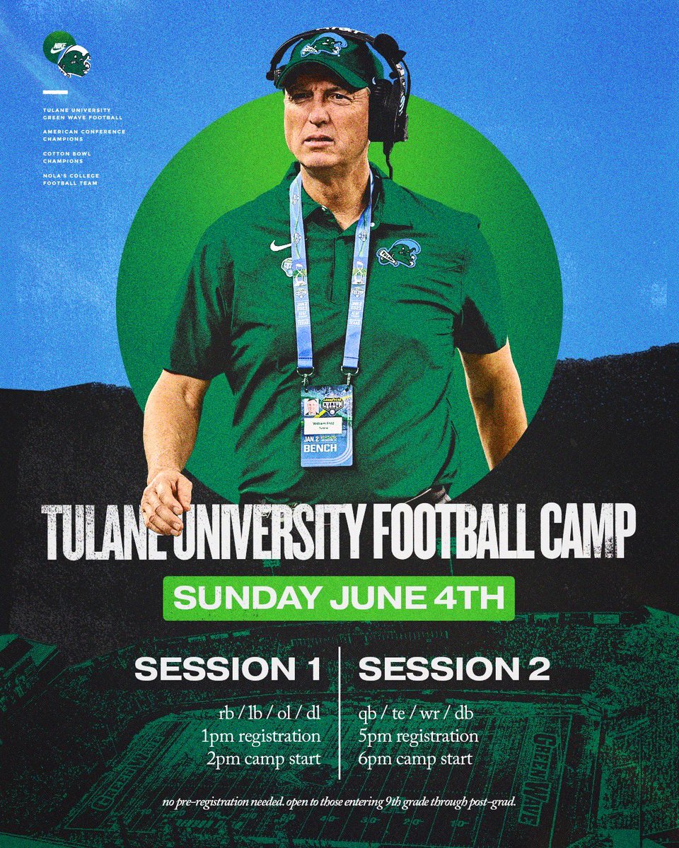The 2023 Tulane Football Camp 📆: Sunday June 4th 📍: Yulman Stadium RB | LB | OL | DL: Registration at 1pm Camp at 2pm QB | TE | WR | DB: Registration at 5pm Camp at 6pm No preregistration required