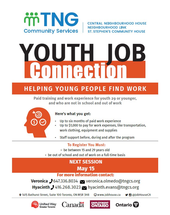 JobHouseCA's tweet photo. The next YJC group starts May 15th! This program provides 2 weeks of paid workshops, up to 6 months of paid work experience and more! To register: Veronica 647-336-8034 Veronica.Olmedo@tngcs.org or Hyacinth 416.268.3023 hyacinth.evans@tngcs.org #youth #youthemploymentprogram https://t.co/9JEdHyceeR
