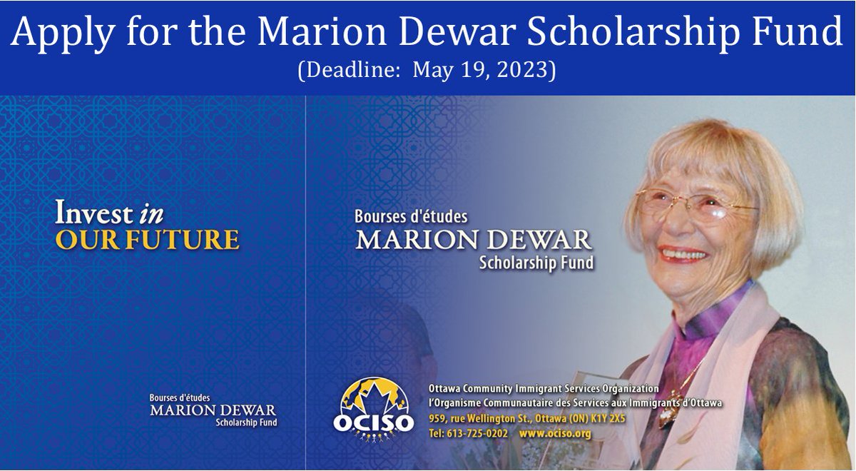 Calling all immigrant and refugee youth! Are you pursuing post-secondary education in Ottawa? The Marion Dewar Scholarship Fund is accepting applicants. 

The application deadline is May 19th, 2023. Click the link for eligibility criteria and apply now: ociso.org/mdsf/