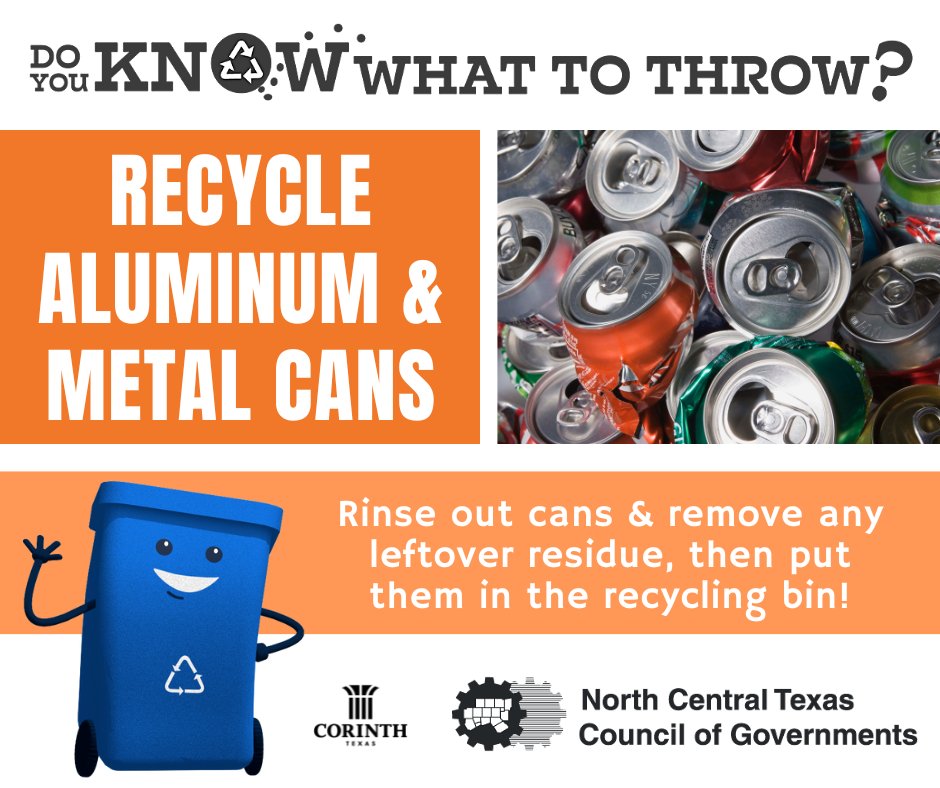 CityofCorinth's tweet image. Empty aluminum and metal cans are great to recycle! Food and other residue stuck inside your empty containers could contaminate other clean items, so make sure to give them a quick rinse before you recycle them! #KnowWhatToThrow