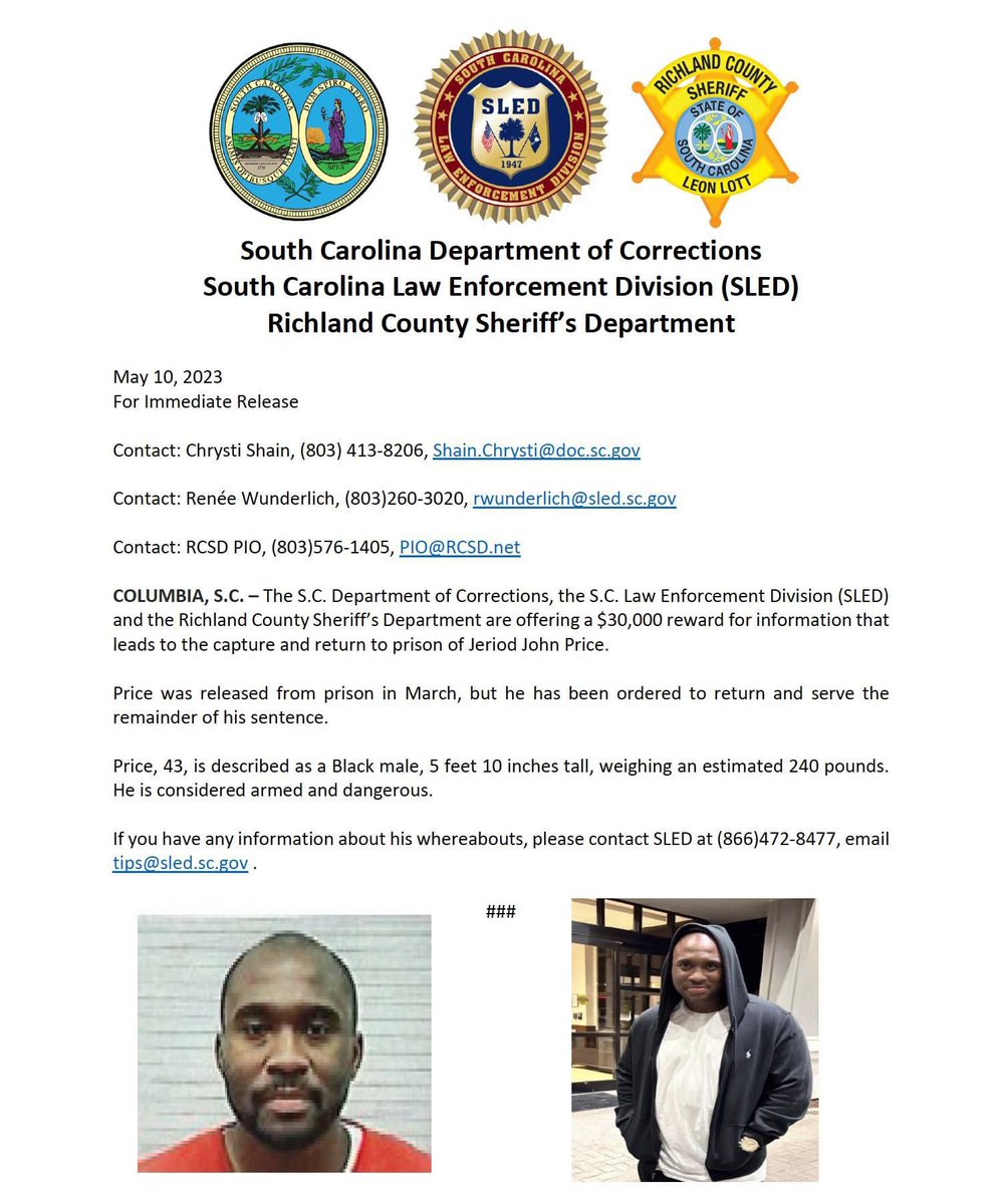 RCSD's tweet photo. RCSD, along with @SCDCNews and SLED, continue to search for Jeriod Price. A $30,000 reward is now being offered for information leading to his capture. https://t.co/1VeykAwJDl