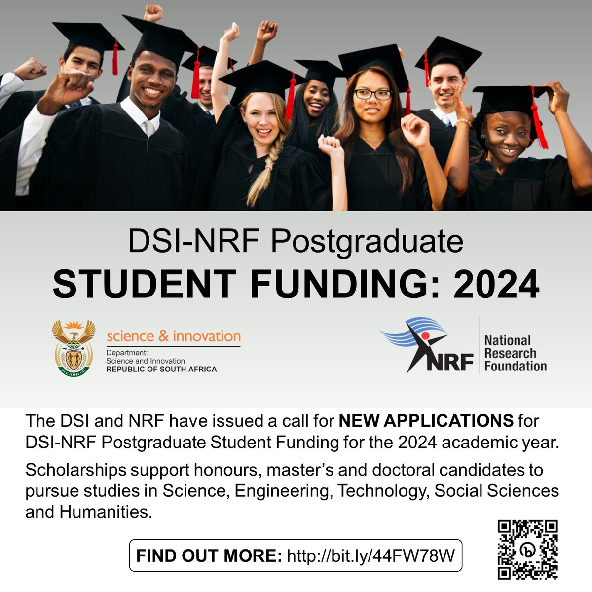 The DSI-NRF has called for new applications for Postgraduate Student Funding for the 2024 academic year. Deadlines for first-time applications: Masters & Doctoral - 11 Jul; Honours - 24 Nov. mailchi.mp/nithecs/dsi-nr… #dsinrf #postgraduatefunding
