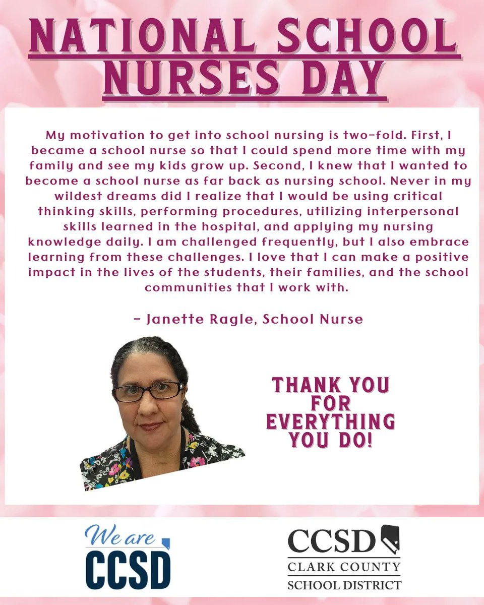 CCSDEngage's tweet photo. Join us in thanking our incredible @ClarkCountySch school nurses today on #NationalSchoolNursesDay! 
.
These individuals work to ensure our students are healthy, safe, and ready to learn. 👩‍⚕️👨‍⚕️
. 
#WeAreCCSD #CCSDCommunity #schoolnurse #nursesday @ccsd_eod @Teach_Vegas @EDE4CCSD https://t.co/UK3sNzZiIp