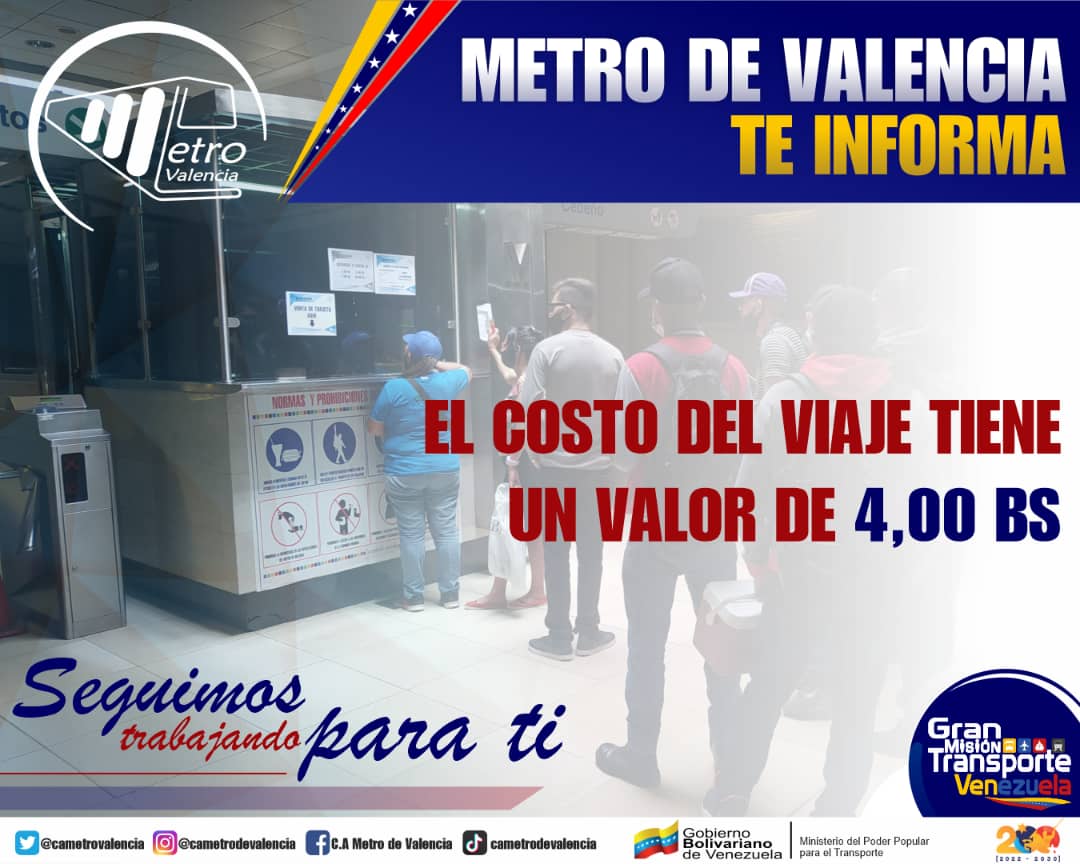 CAMETROVALENCIA's tweet photo. #MetroTeInforma🔊||¡Atención Usuarios! Desde este #07May @CAMETROVALENCIA tiene un nuevo costo por viaje dentro del subterráneo Valenciano ||Te Invitamos a cumplir las #Normas y cuidar de tu #SistemaMetro🚇¡Trabajamos para ti!✅🇻🇪#MaduroEsPueblo https://t.co/CpFaYIUOcV