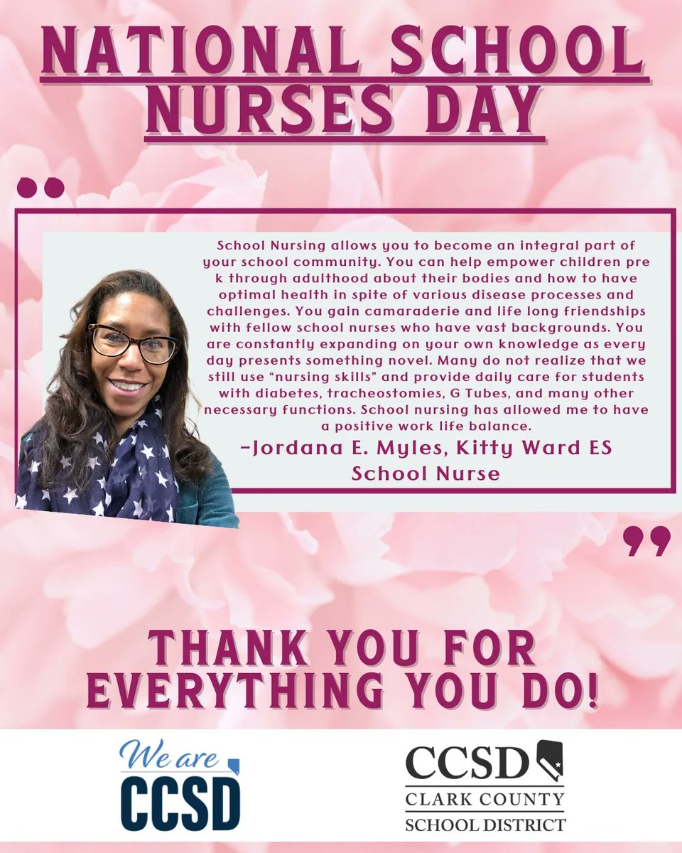 CCSDEngage's tweet photo. Join us in thanking our incredible @ClarkCountySch school nurses today on #NationalSchoolNursesDay! 
.
These individuals work to ensure our students are healthy, safe, and ready to learn. 👩‍⚕️👨‍⚕️
. 
#WeAreCCSD #CCSDCommunity #schoolnurse #nursesday @ccsd_eod @Teach_Vegas @EDE4CCSD https://t.co/UK3sNzZiIp