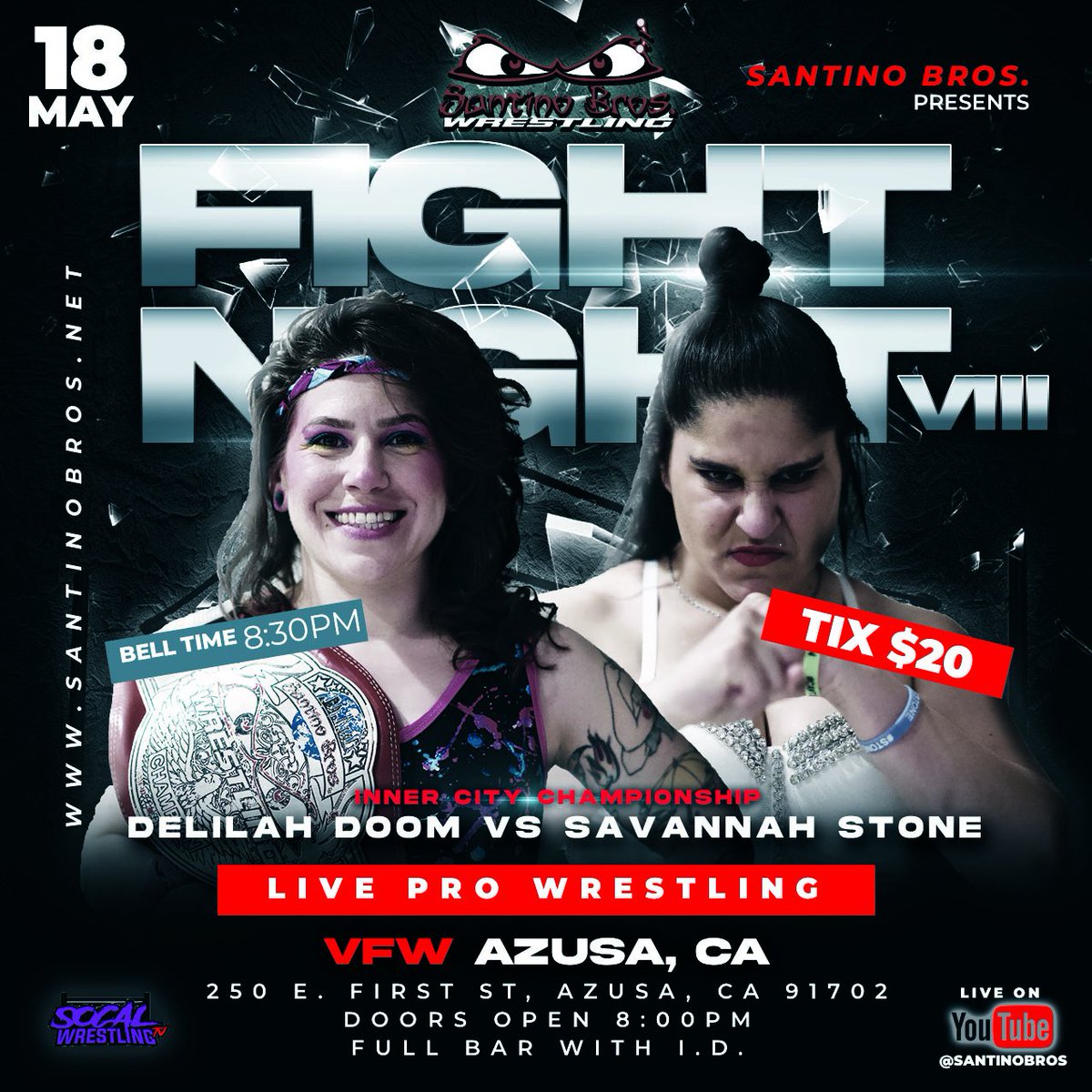 ICYMI: Cabrera 🏆 vs Riley Doom 🏆vs Stone + more! 👊 FIGHT NIGHT 8 📅 THURS. May 18th @ 8:30pm 🌆 250 E 1st St, Azusa, CA. 91702 🍻 Full Bar w/ I.D. 🎟️SBFightNight8.eventbrite.com Watch: youtube.com/live/3zvfeKnAo… Support #SantinoBros @liquiddeath #murderyourthirst #deathtoplastic