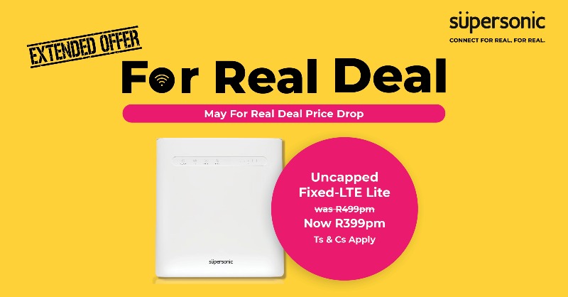 supersonicfibre's tweet photo. Back by popular demand!
Enjoy endless entertainment with the Supersonic Fixed LTE Uncapped Lite for only R399pm.
https://t.co/JWPgbfI7j3
*T's & C's apply
#ConnectForRealForReal #SupersonicForRealDeal