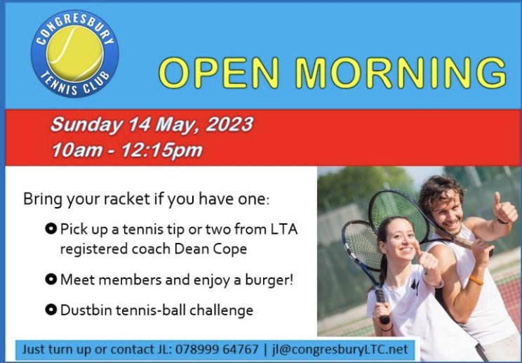 🎾Free Open Morning <a href="/CongresburyLTC/">Congresbury LTC</a> 

📅Sunday, 14th May 10am - 12:15pm. 

Free 15 minutes coaching slots for adults and children.

📧Turn up or email  jl@congresburyLTC.net to reserve a slot. 

🍗BBQ at 12pm.

#Tennis #sport #local #getinvolved
