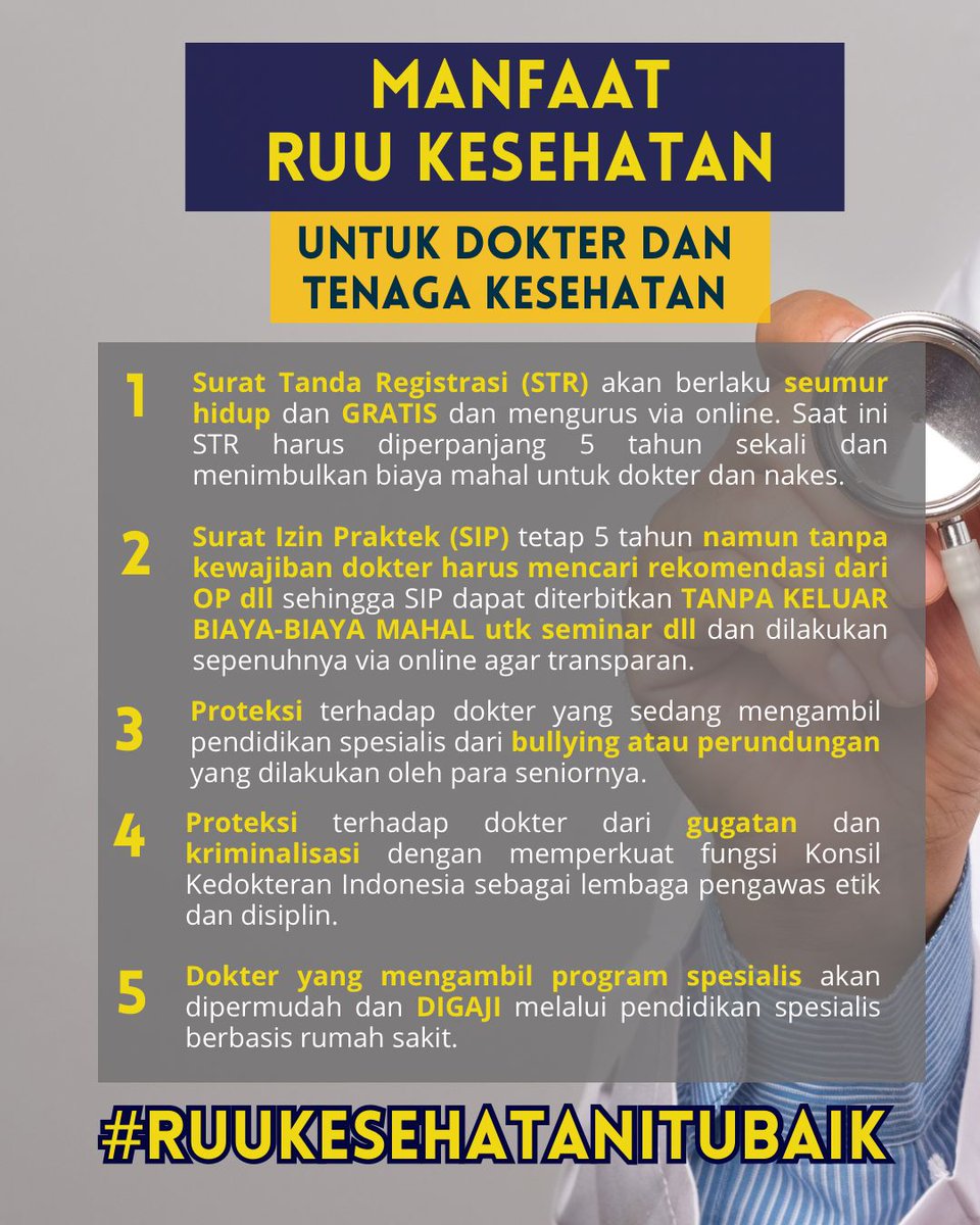 rasyeednur's tweet photo. @PBIDI Guys, jgn salah paham dlu ya sm RUU Kesehatan. Ini malah bw perlindungan hukum buat para dokter &amp; nakes, jd jgn takut lagi kena kasus2 gak jelas. Masyarakat akan merasa lebih nyaman dlm memanfaatkan layanan kesehatan. Dukung RUU Kesehatan #RUUKesehatanItuBaik #ManfaatRUUKesehatan https://t.co/01GJLf7Abk