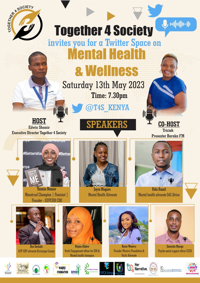 Welcome to our Twitter Space on Saturday and let's have a chat on MENTAL HEALTH AND WELLNESS
Let's chat and give hope to the society
#YouAreNotAlone🫂💞 
Join our Esteemed Panelists; <a href="/NassurYasmin/">Yasmin Mohammed</a> <a href="/JKagosh/">Joyce Mugure</a> <a href="/kezia_wamiru/">Kezia Wamiru</a> <a href="/najma_mohamud13/">nujuum</a> <a href="/FelixMuthui_/">Felix Ramil🇰🇪</a> <a href="/allwellnessorg/">All Wellness and Health Org.</a> @Triciahbb