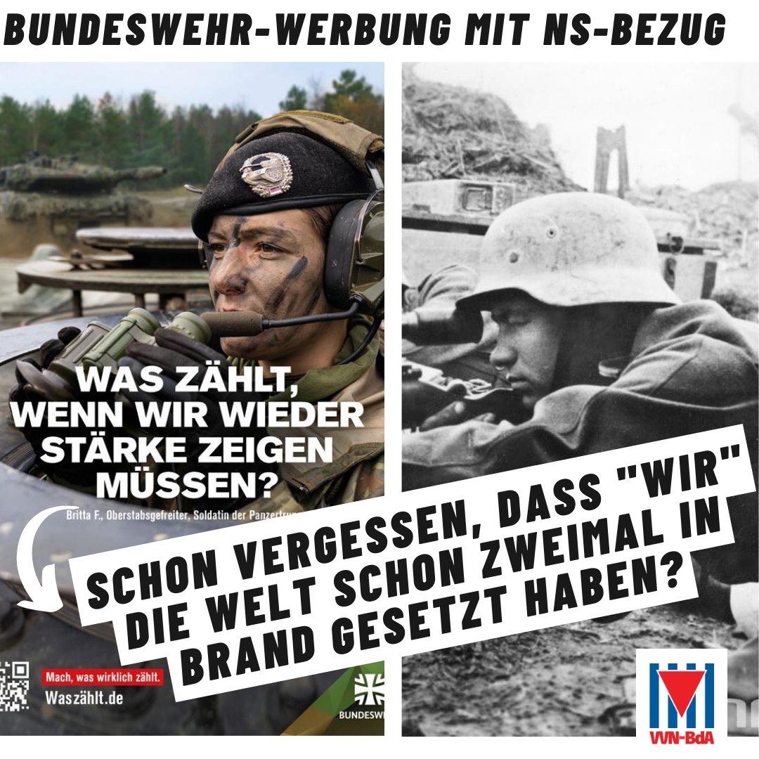 vvn_bda's tweet photo. Werbung mit NS-Bezug: Mit einer neuen Imagekampagne mit fragwürdigen Anspielungen versucht die #Bundeswehr seit 2. Mai für neue Rekrut*innen zu werben und auf einen bevorstehenden Krieg einzustimmen. https://t.co/Bmfts7Sd5l