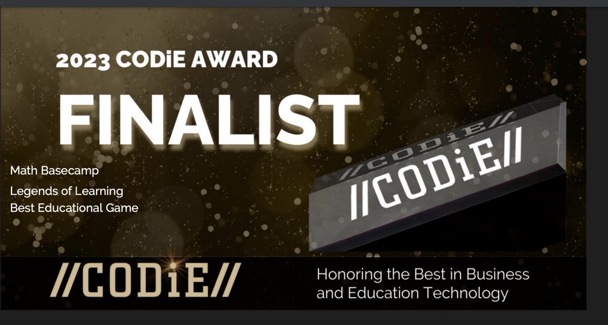 legendlearning's tweet image. 🎉 Exciting News! 🎉
We are thrilled to announce that Legends of Learning&apos;s &quot;Math Basecamp&quot; has been selected as a finalist for the prestigious Codie Awards in the Best Educational Game category! 🏆✨
#CODiEAwards  #LegendsOfLearning #MathBasecamp #TransformingEducation