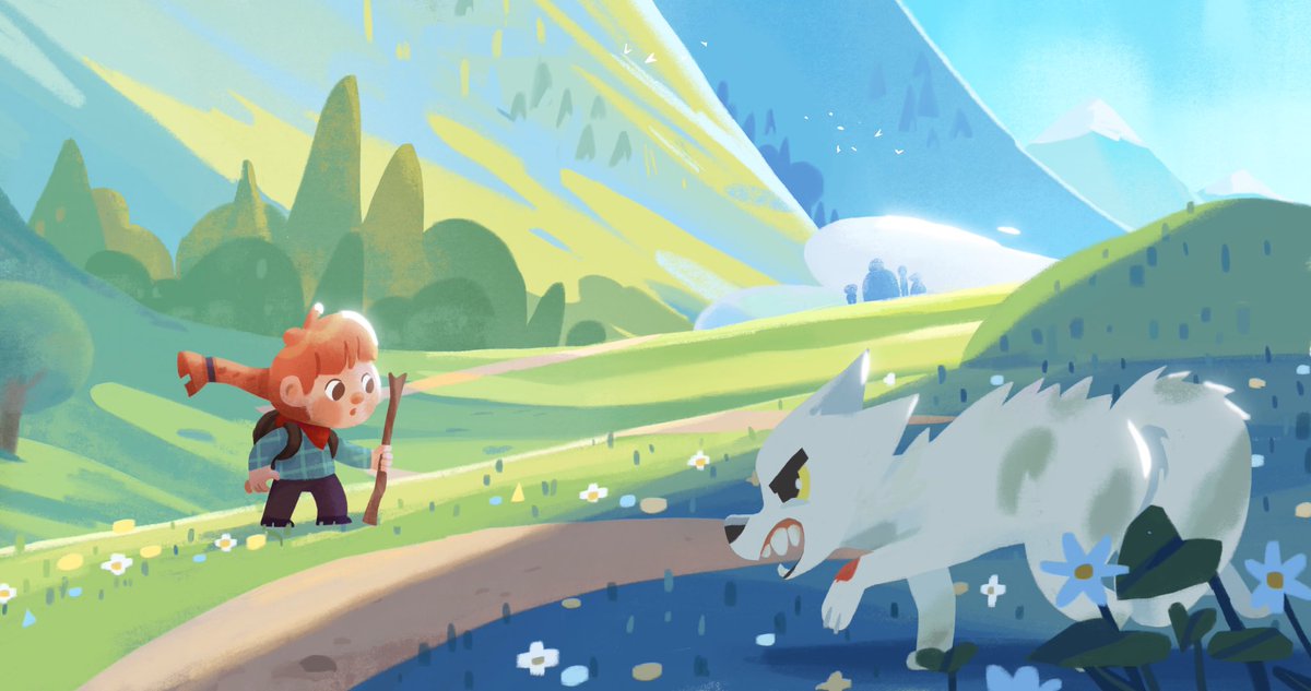 muakata's tweet photo. Leaving here the art of this month Postcard without the text <3 because I like the greenery and the big direwolf vs little druid thingy.

And I haven’t posted yet the second art, trying to tell more of the story with spots and a single page illustration 🐺⭐️ https://t.co/St2EMRAzPA
