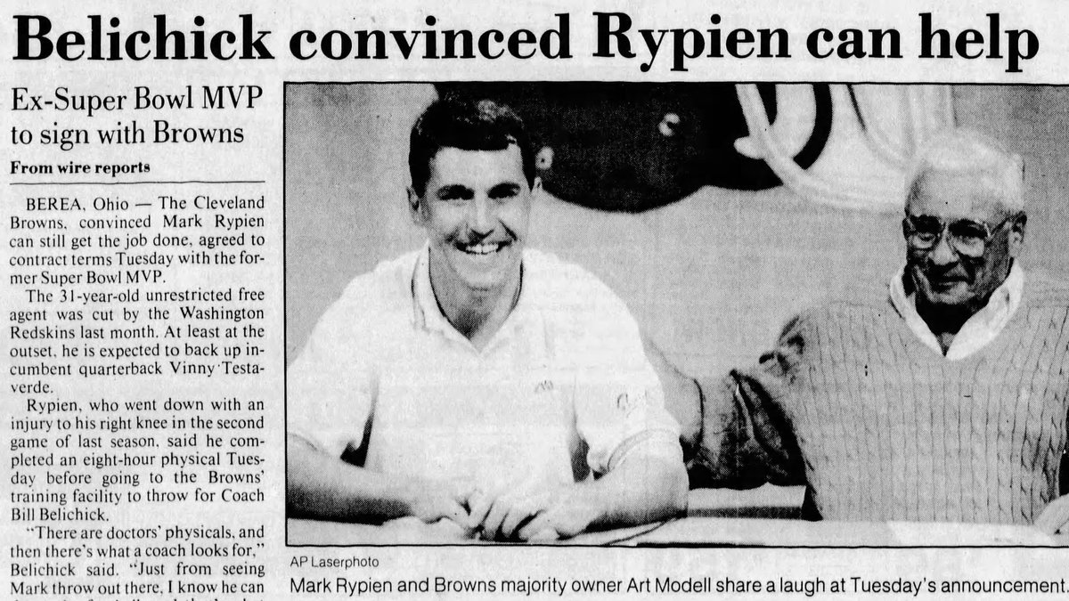 MrCleveland_216's tweet photo. May 10, 1994: Super Backup🏈
#DawgPound sign former Super Bowl MVP Mark Rypien as backup QB for Vinny Testaverde.
1 yr in CLE, made 3 starts, went 2-1 helping team to make playoffs 
(and yes, that's Byner💪 in 🏆pic)
#Bernie➡️#Vinny ➡️#Rypien https://t.co/wl1r4kdIXs