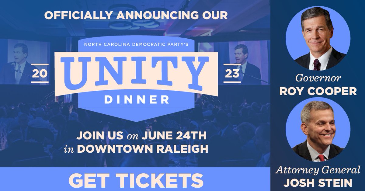 BIG NEWS! It's time to get your ticket to our premiere event of the year, the 2023 Unity Dinner! Join Governor <a href="/RoyCooperNC/">Roy Cooper</a>, Attorney General <a href="/JoshStein_/">Josh Stein</a>, &amp; Chair <a href="/abreezeclayton/">Anderson Clayton☀️</a> on June 24 at NC State's Tally Ballroom. Support our work to elect Democrats: ncdp.org/unity-dinner