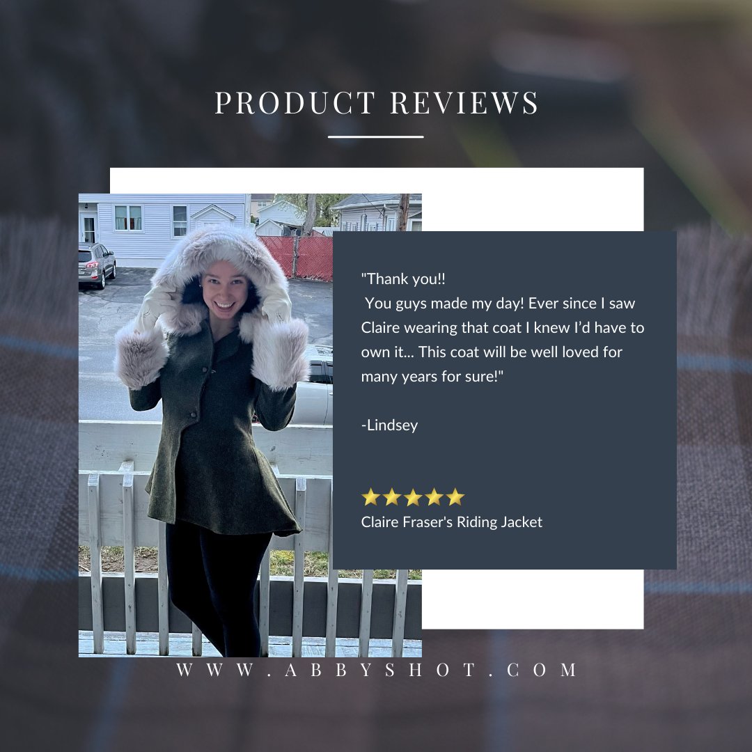 Do you love your AbbyShot purchase? ❤️

Share your experience with us by leaving a review! We love hearing your feedback and value your input and support so much. 😊  

#AbbyShot #OutlanderStarz #ProductReviews #ClairesRidingJacket