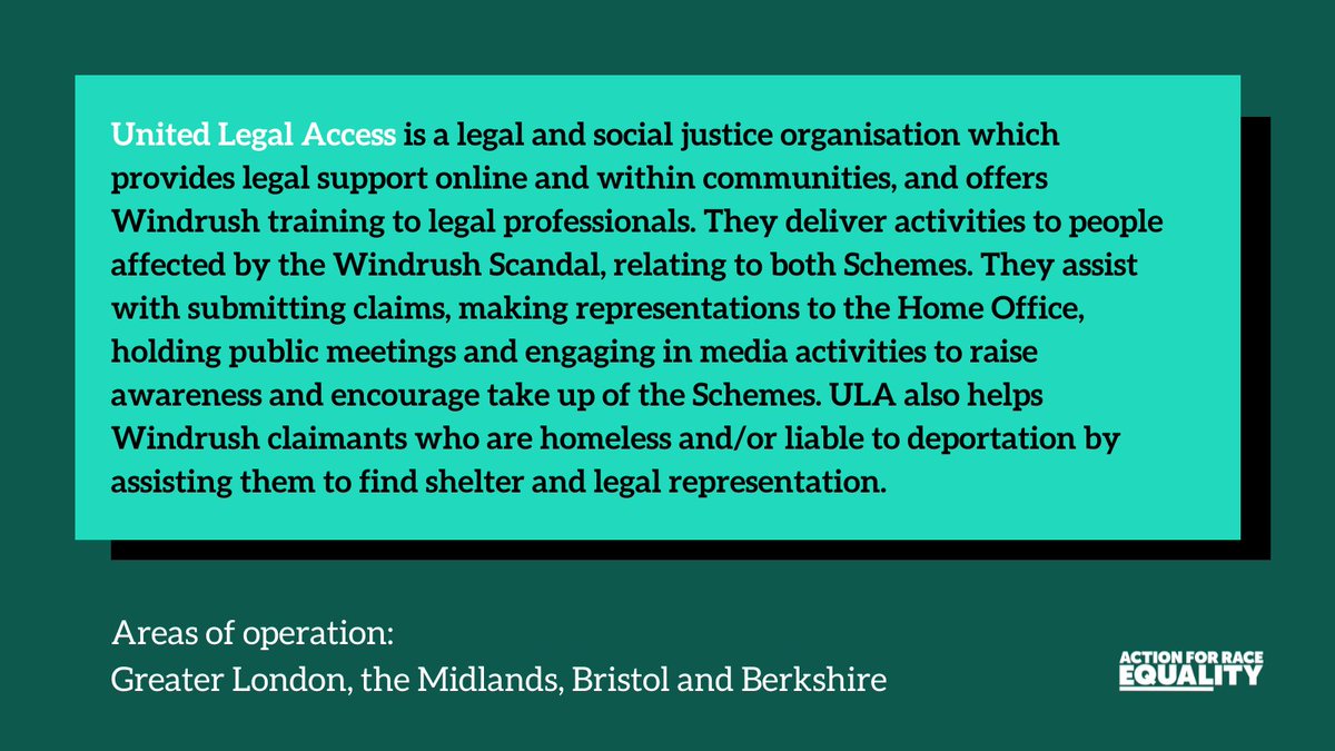 🗣️Have you heard of @AccessULA? United Legal Access is a legal & #socialjustice org which provides legal support online + within communities and offers #Windrush training to legal professionals. They're one of 12 groups on the #WindrushJustice Programme: ow.ly/l5UN50OkqXc
