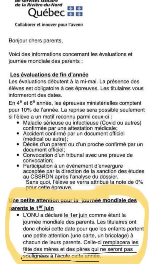 MaximeBernier's tweet photo. The UN program to abolish the two sexes and the traditional family is making its way into Quebec schools. They no longer mark Mother’s and Father’s Day, but rather the “Global Day of Parents” invented by UN globalists. Let’s stop this madness! https://t.co/5XzRPDITL5