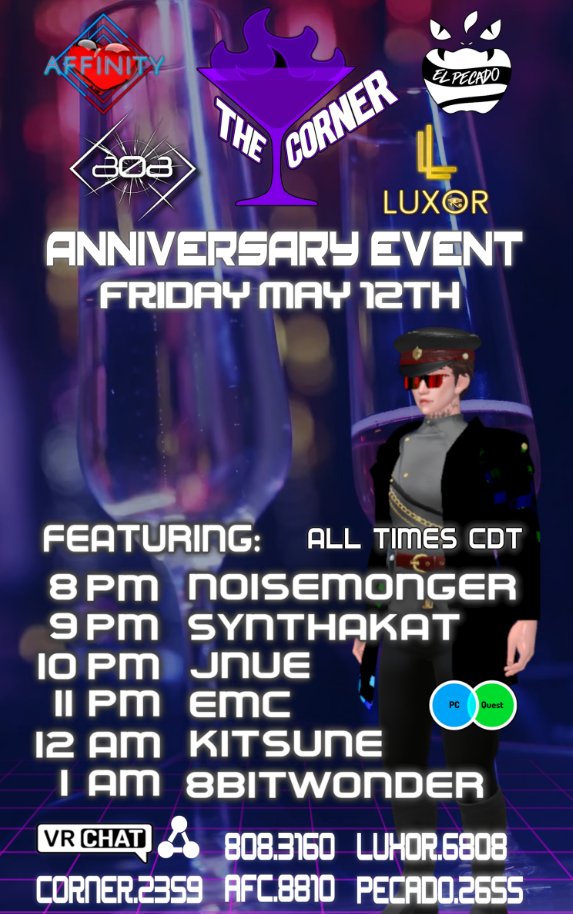 thecornervr's tweet photo. Join us for the 1 year anniversary event where all our partners are coming together to celebrate with us! 
@ElPecadoVR @luxorvrc @Club808VR and Affinity club! We thank our partners for their support! #thecornervr #vrcclubbing #vrcclub #VRChat #vrchatclubs #vrchatparties #vrevents https://t.co/gRm34kqSJB