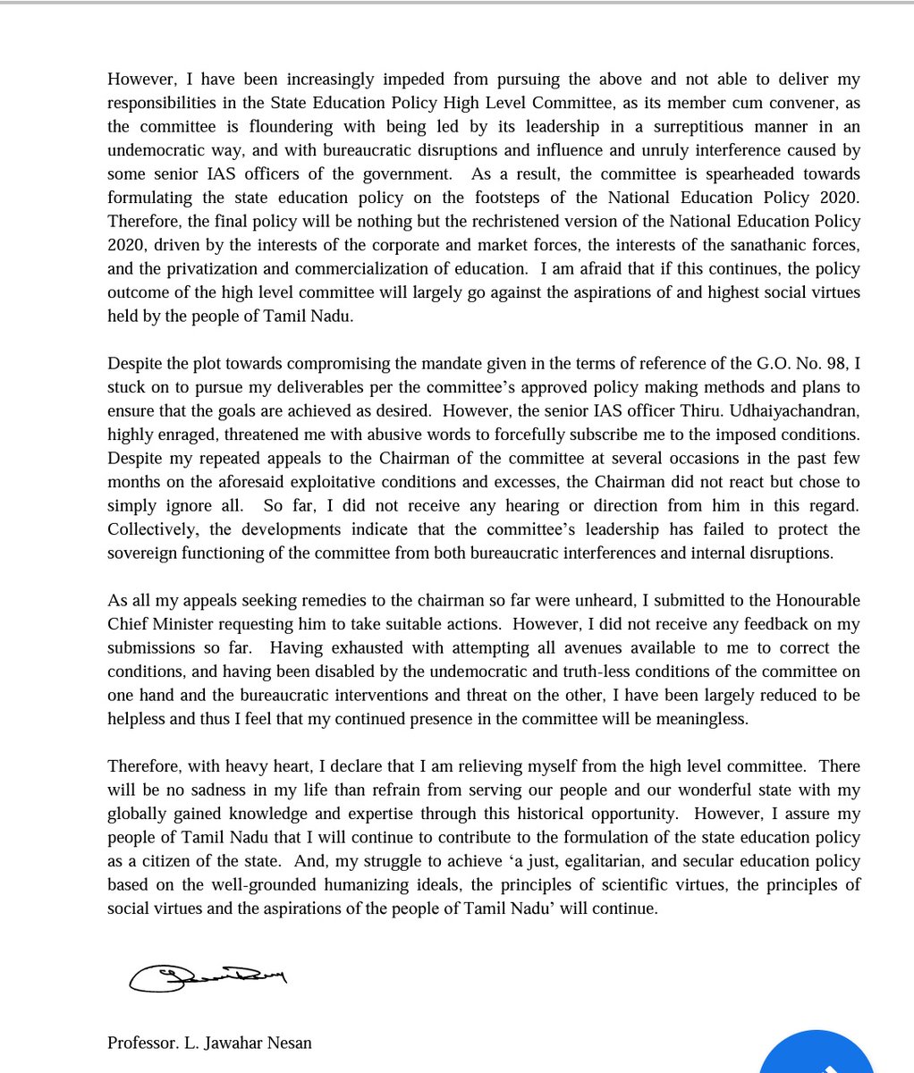 TN committee is spearheaded towards formulating the state education policy on the footsteps of the National Education Policy 2020.  The final policy will be nothing but the rechristened version of the NEP 2020, warns Prof Jawahar Nesan who resigned from the TN panel.