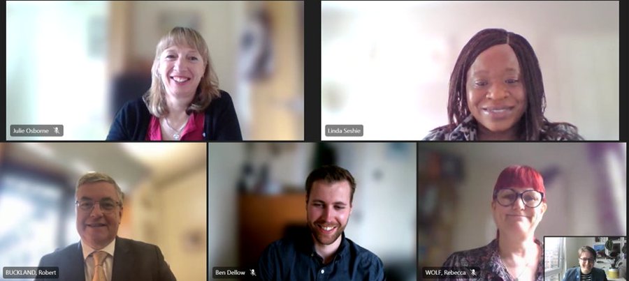 A screenshot of a video call between Sir Robert Buckland MP and staff members at Alzheimer's Society