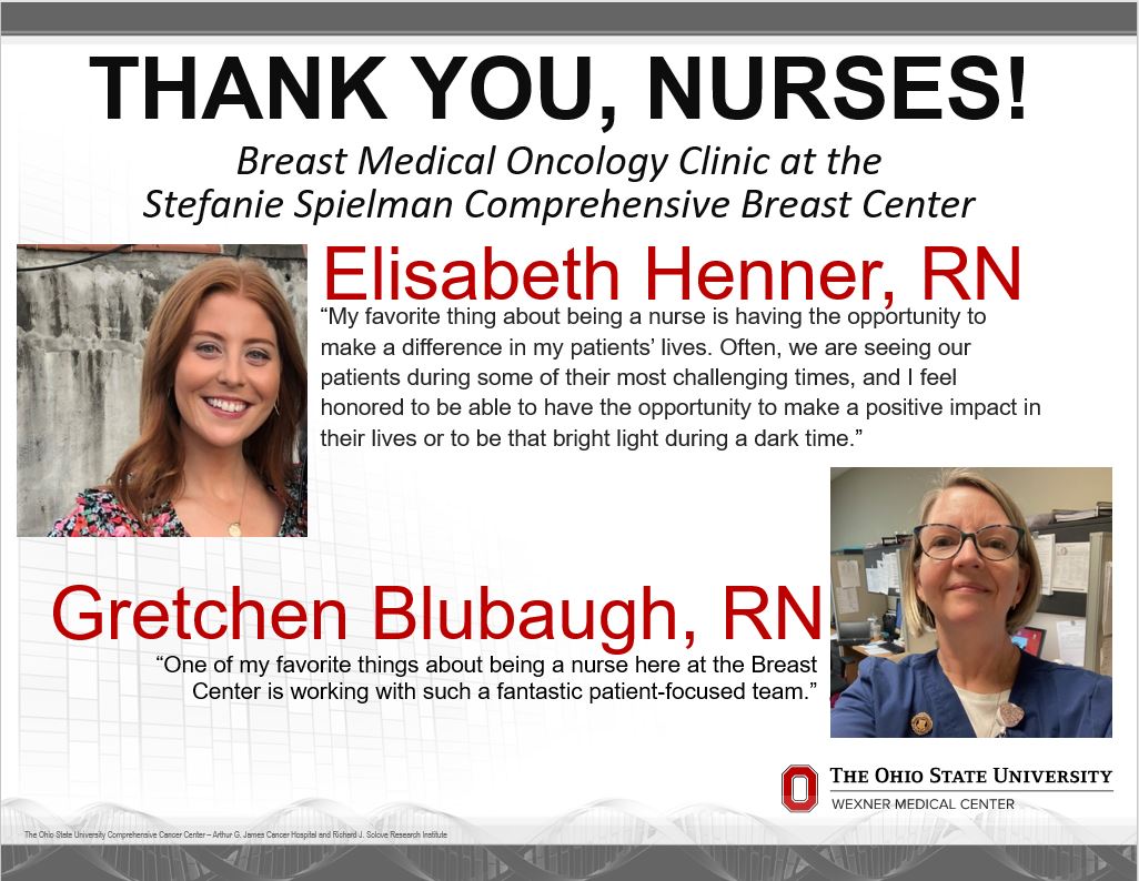 OhioStateMedOnc's tweet photo. Happy Nurses Week to some of our Breast Medical Oncology Clinic nurses!
@DrGattiMays @sardesai_sagar
@StoverLab
#OSUCCC
@OSUCCC_James https://t.co/BkfcajPgdv