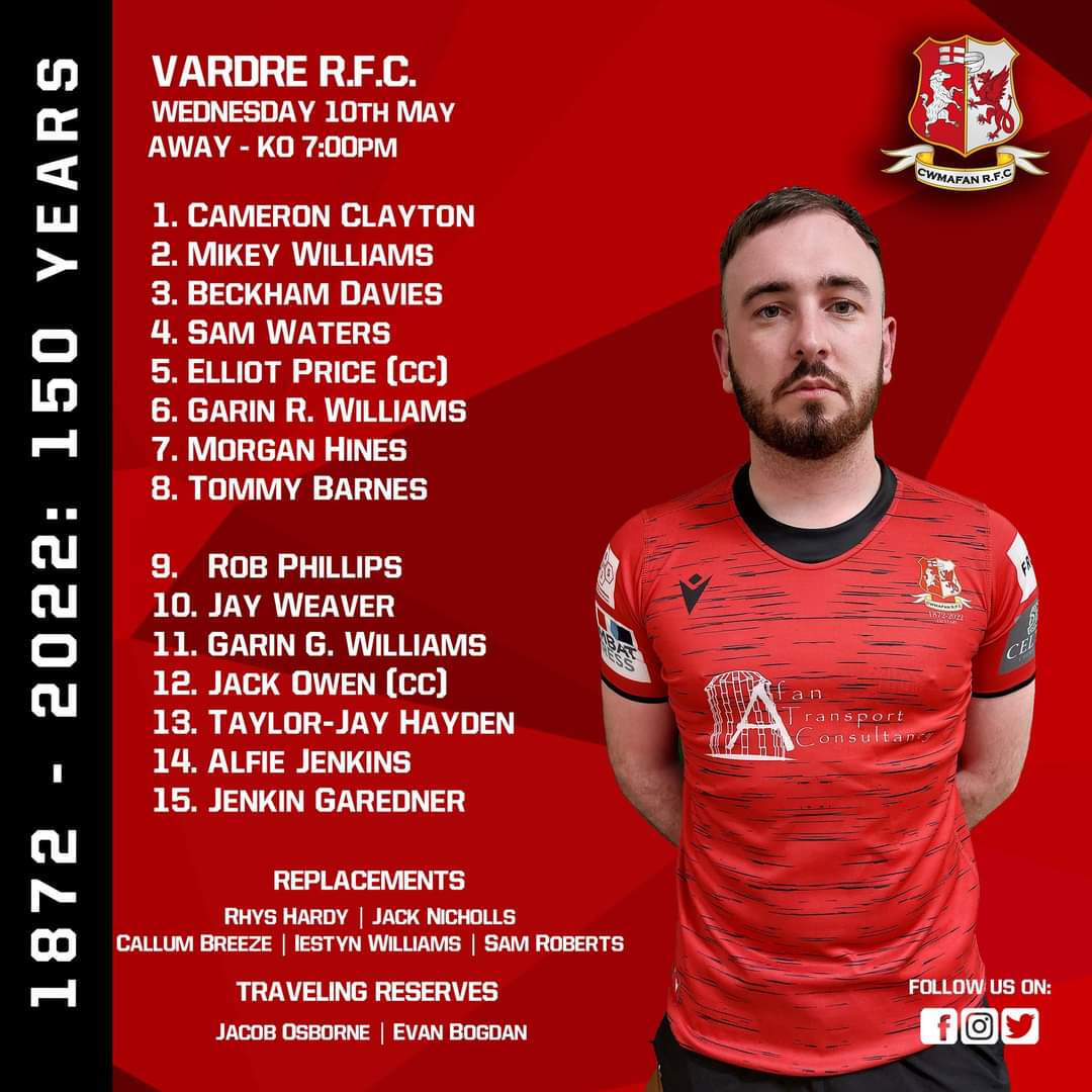 CwmafanRugby's tweet photo. *** Squad Announcement ***

Your 1st XV team to face Vardre RFC this evening for the Chris Cooper Cup.

KO - 7:00pm

#brothertomyleft #brothertomyright
#manyteams #oneclub
#150years #150more https://t.co/2g9I91aiKz