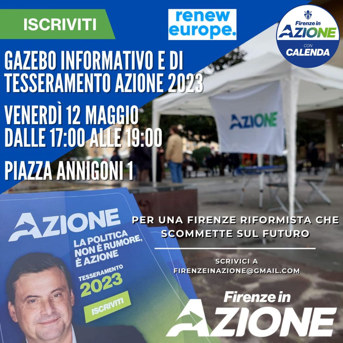 FirenzeInAzione's tweet photo. 🟢🔵 Continuiamo questo venerdì 12 maggio con i banchini di tesseramento 2023! 

📍Ci troverete dalle 17 alle 19 in Piazza Annigoni, potete passare per iscrivervi, rinnovare la tessera, conoscerci e parlare delle vostre idee per Azione e per Firenze!

🔵🟢 Vi aspettiamo! https://t.co/ydoCPPBq3f