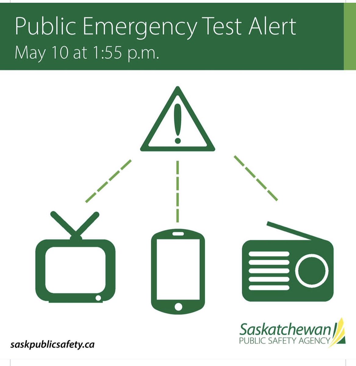 1:55 pm today will be the Provincial Alert System Test- your devices, TV and local Radio station should all alarm- just a test!