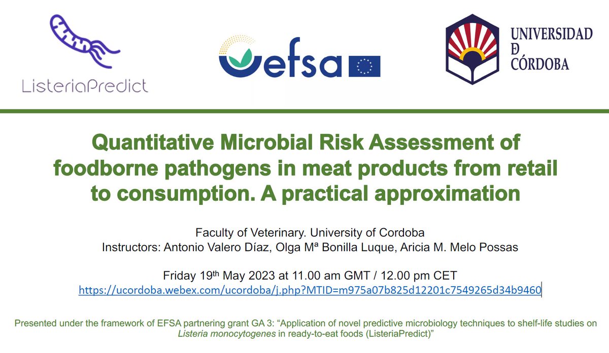 ENZOEM_UCO's tweet photo. Next Friday 19th May, researches from @ENZOEM_UCO  are organising at the @Univcordoba the conference about "Microbial Risk on foodborne pathogens in meat products". Do not miss it!!
Available on line 👇

Friday 19th May 2023 at 11.00 am GMT / 12.00 pm CET
https://t.co/doO7KRGqzg https://t.co/FAdMEuxEla