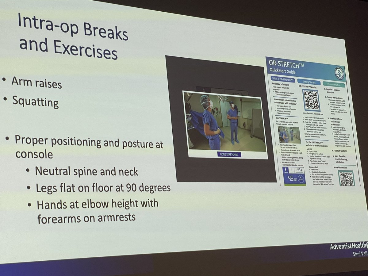Some tips on ergonomics by @AndreaPakula : 🙆🏻‍♀️Ears in line with a acromion in shoulder 🙆🏻‍♀️Relax shoulders 🙆🏻‍♀️Spine and pelvis neutral 🙆🏻‍♀️Elbows 90 degrees 🙆🏻‍♀️Arms to your sides Do time out to approve your OR setup for ergonomics Use stretching as mini-breaks every hour
