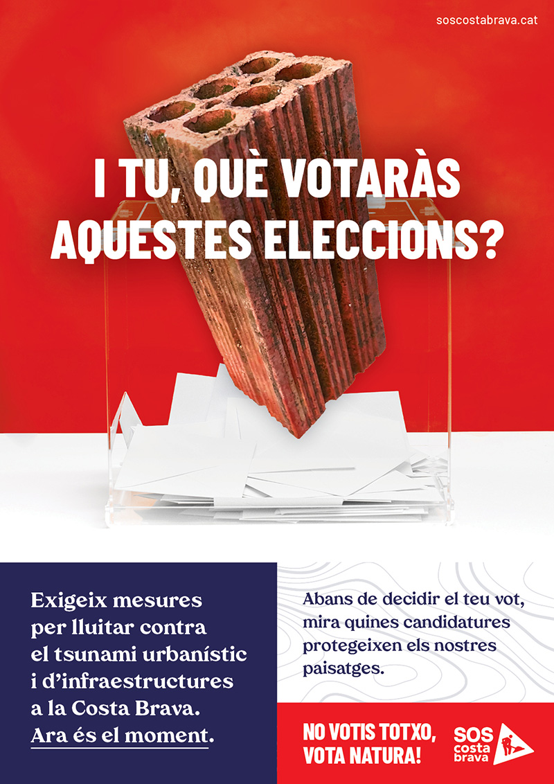 I tu, què votaràs aquestes eleccions? Avui hem presentat la nova campanya de #SOSCostaBrava, que fa una crida a exigir mesures per lluitar contra el tsunami urbanístic d’infraestructures a la Costa Brava. No votis totxo, vota natura! bit.ly/3Bcwj75