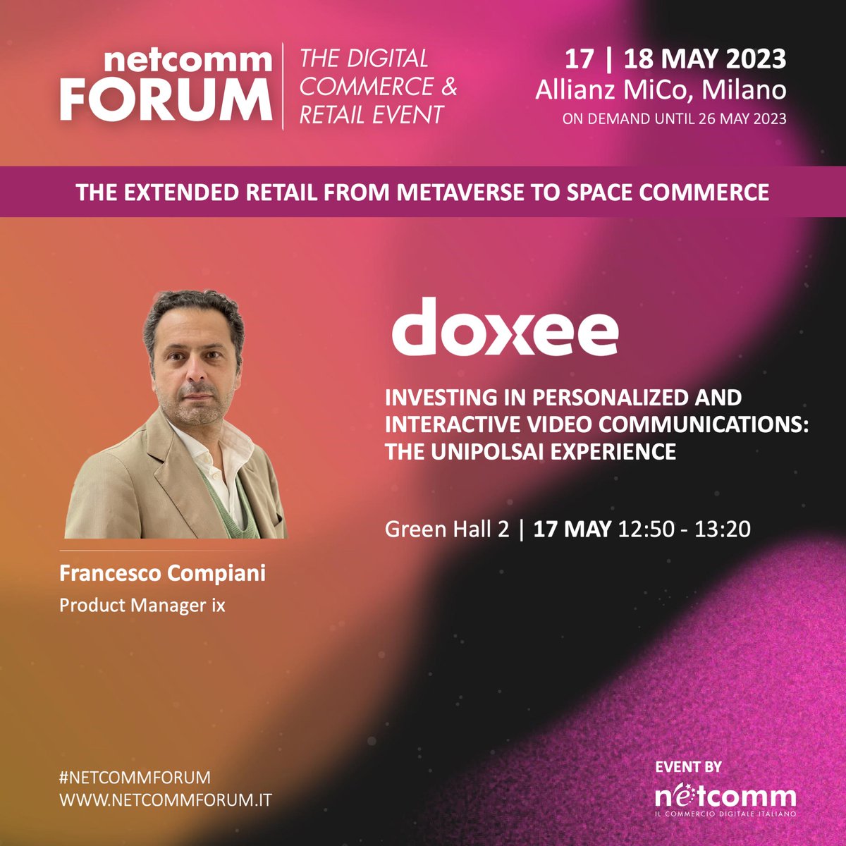 Babelee_video's tweet photo. 📆 Save the date!
We'll be attending the 2023 #NetcommForum in Milan on May 17 and 18:
🔹 Come visit us at booth 0-C05
🔹 Join our workshop about interactive and personalized videos on May 17
Learn more: https://t.co/rnpfwSbEX1
#Babelee @ConsNetcomm https://t.co/oXgojSpCjV