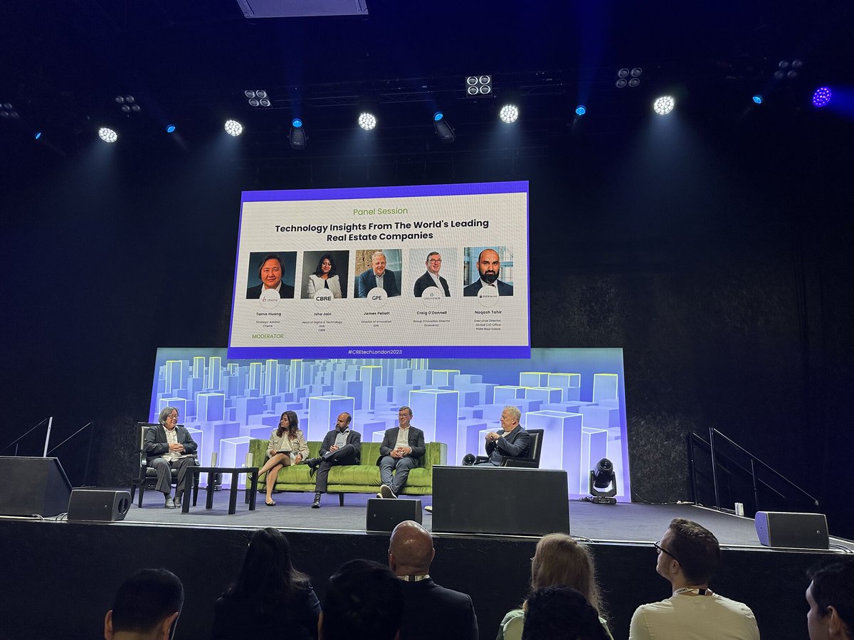 One of the best lineups of real estate innovators at #CREtechLondon2023 . <a href="/Jamespellatt/">James Pellatt</a>  from <a href="/GPE_London/">GPE</a> , Isha Jain from <a href="/CBRE_UK/">CBRE UK</a>, Craig O'Donnell from <a href="/GrosvenorPropUK/">Grosvenor Property UK</a>  and Naqash Tahir from <a href="/pgim/">PGIM</a>  are discussing proptech adoption and the speed at which things will change.